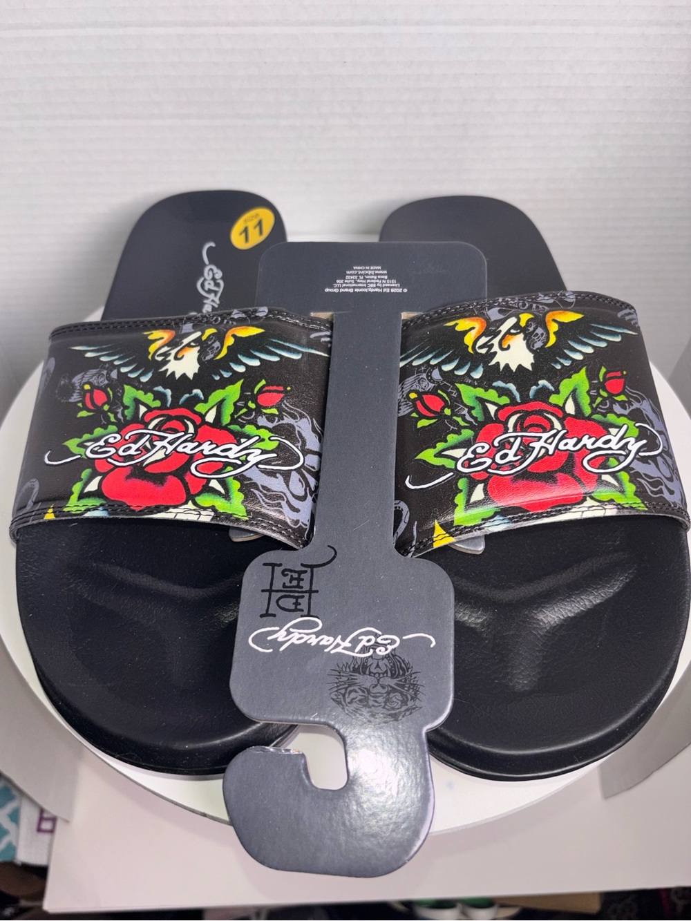 Ed Hardy Black Slides with Red & Yellow Tattoo Floral Design 11